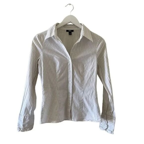 BCX Button Down White Black Long Sleeves Stretch Office Career Casual M # 1349 - Picture 1 of 14